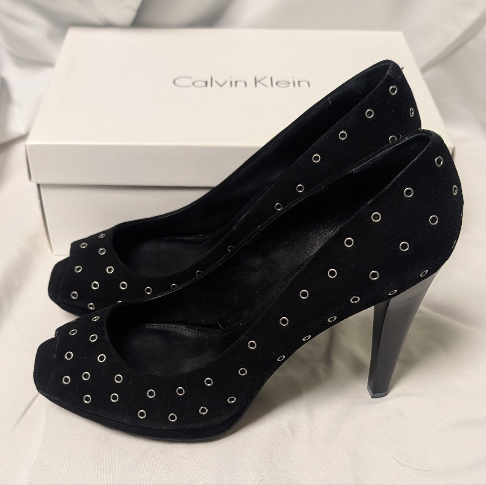 Calvin Klein Black Suede Peep-Toe Heels with Silver Eyelets